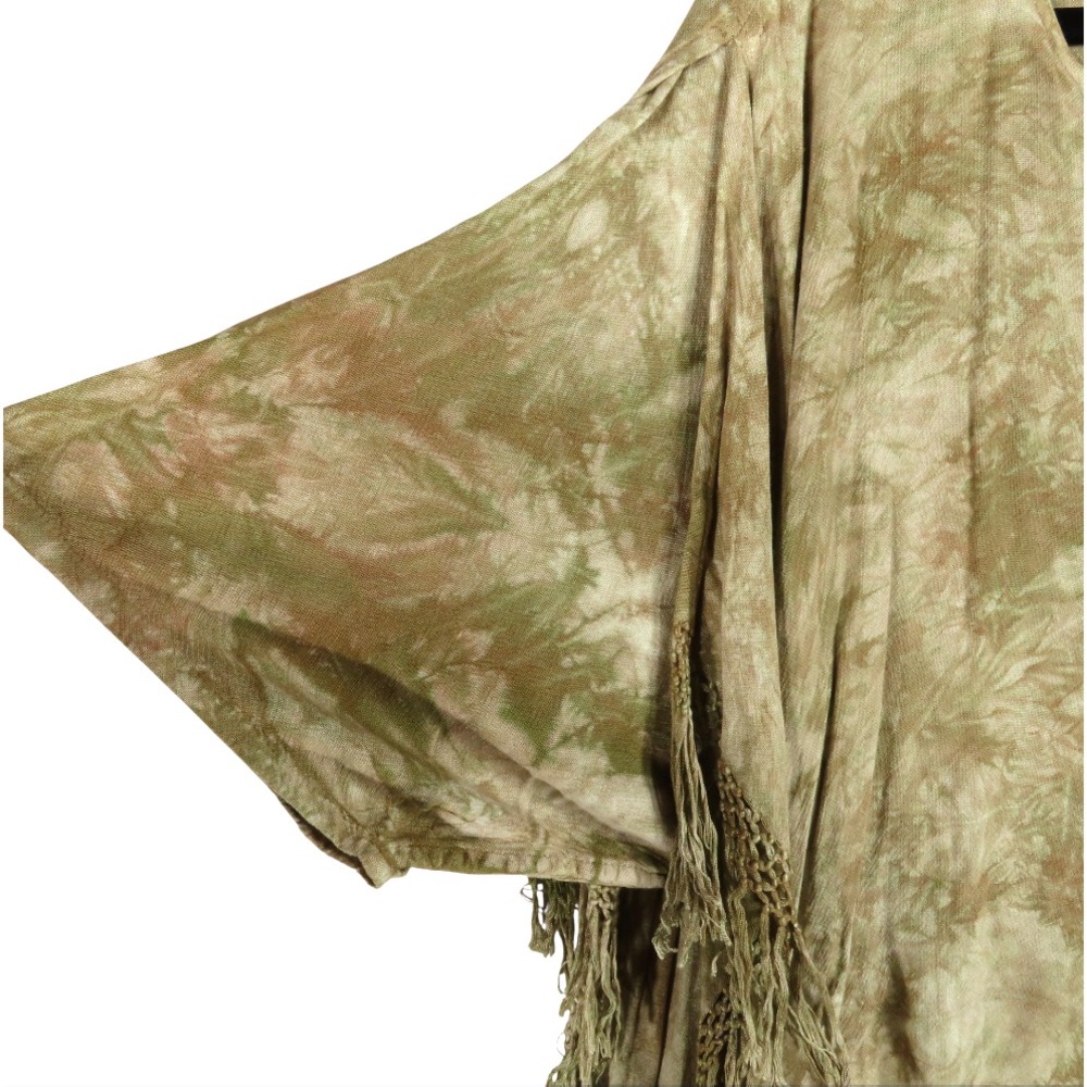 TIE DYE KAFTAN MUUMUU DRESS Poncho Overlay w/Fringe MAXI BOHO ETHNIC Beige 1X - Picture 6 of 11